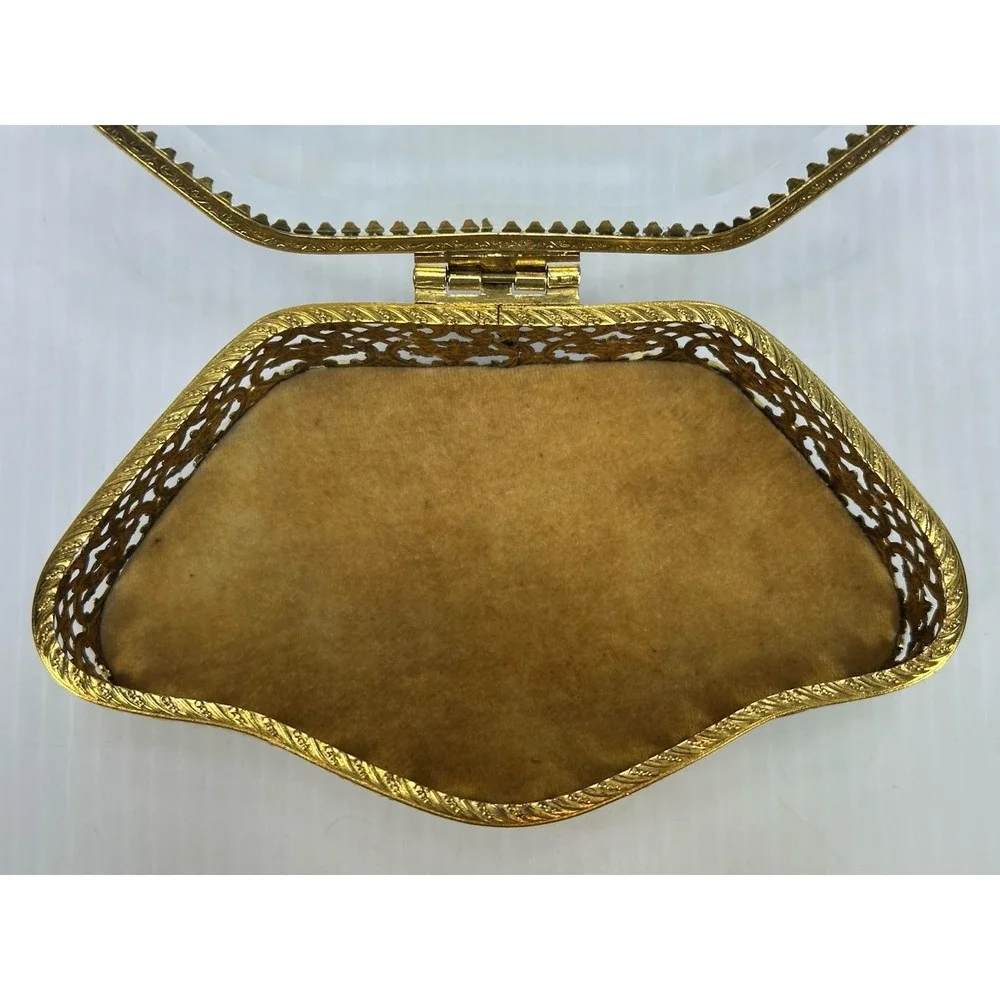 Vintage Jewelry Box Casket Filigree Ormolu Style Footed Hollywood Regency Glass